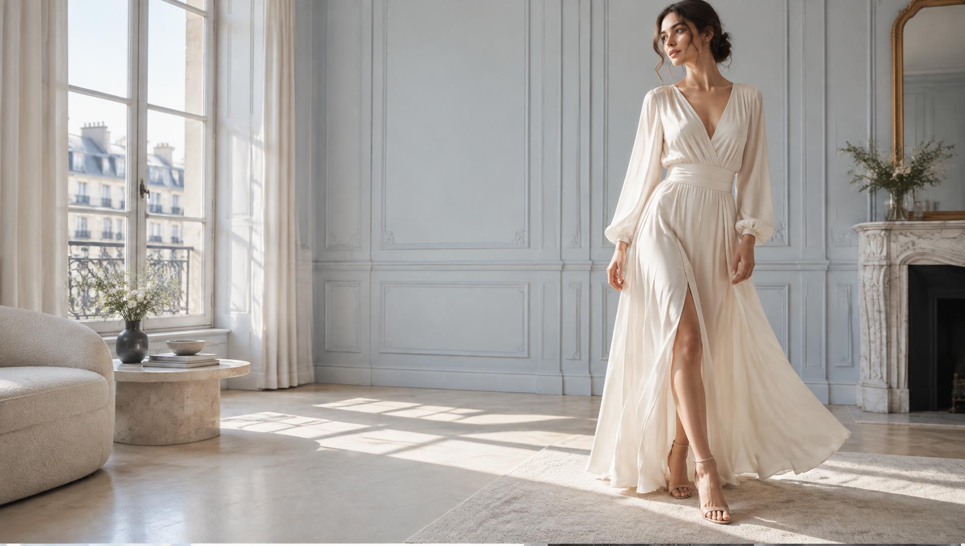 Editorial fashion image featuring a long ivory dress